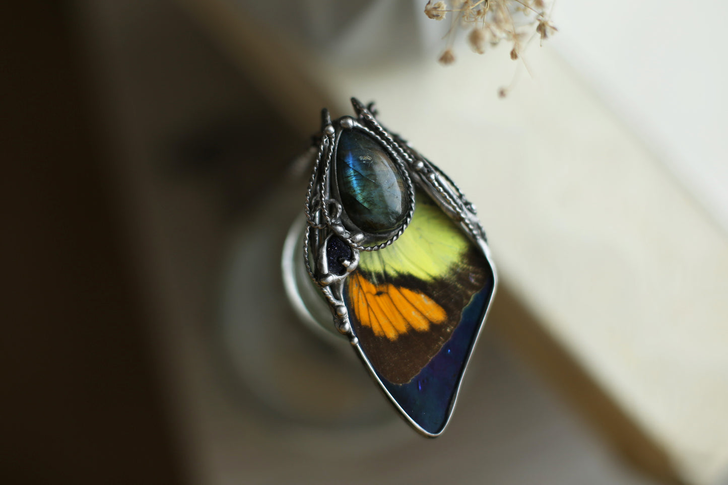 Preserved butterfly necklace with labradorite and sand stone