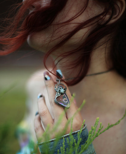 Butterfly wing necklace with moonstone and amethyst crystals