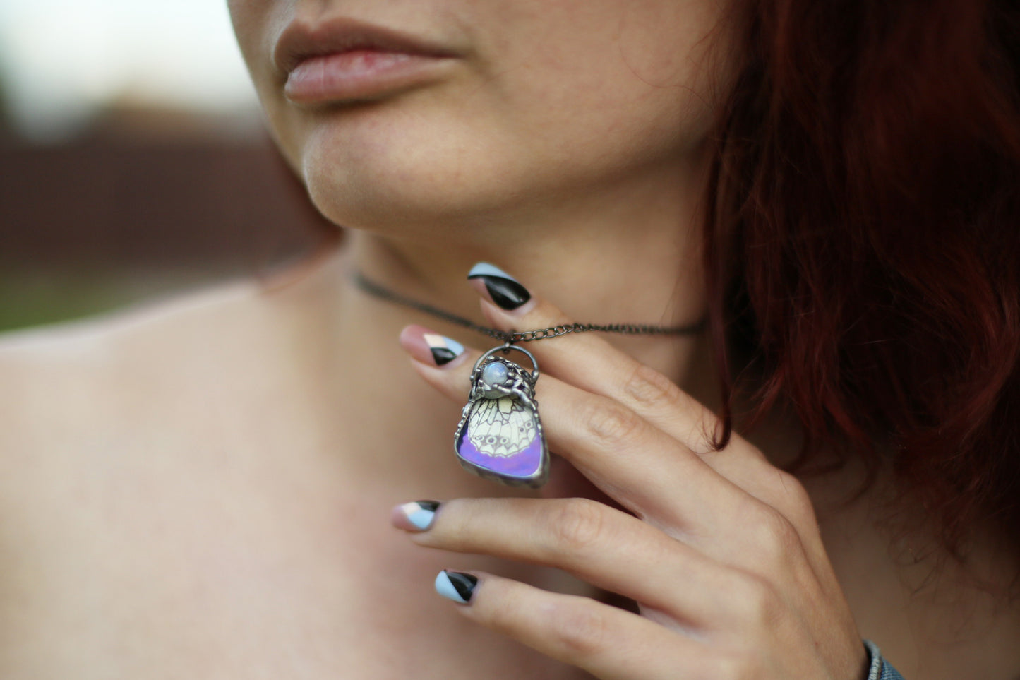 Real butterfly wing necklace with moonstone