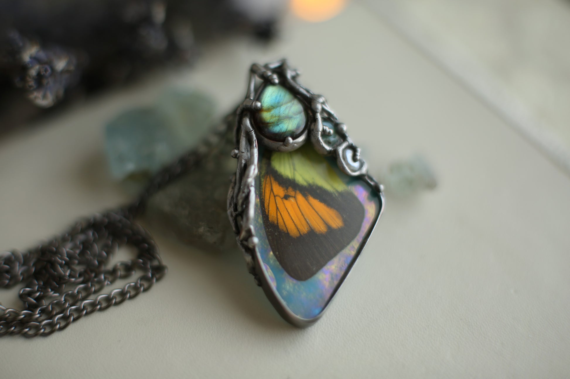 Necklace with real BUTTERFLY WING and gemstones