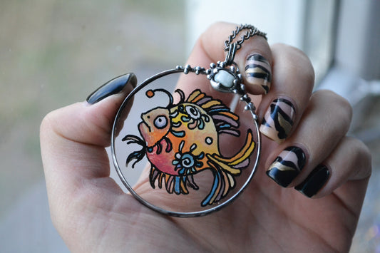 Stained glass necklace, Amulet necklace, Angler fish pendant