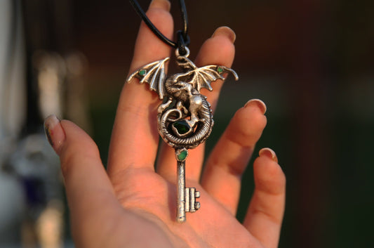 Silver plated dragon necklace, Dragon key pendant