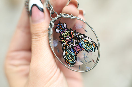 Moth necklace, Rainbow dandelions pendant