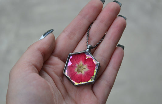 Preserved rose Necklace, Hexagon pendant