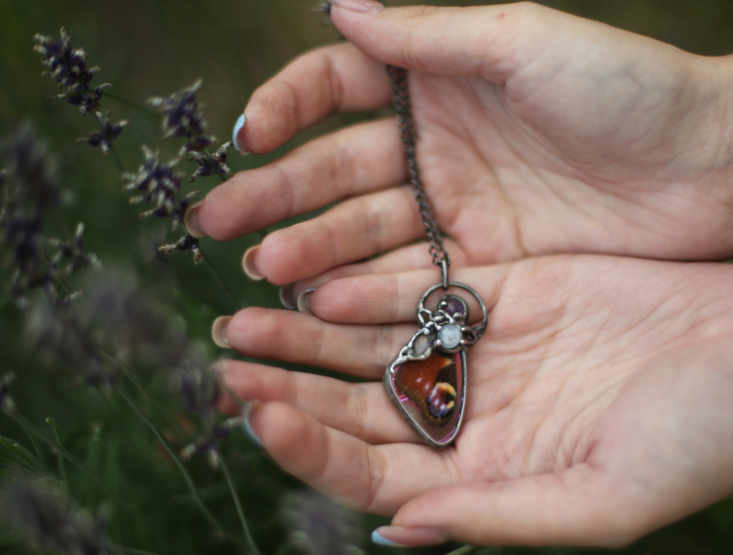 Butterfly wing necklace with moonstone and amethyst crystals