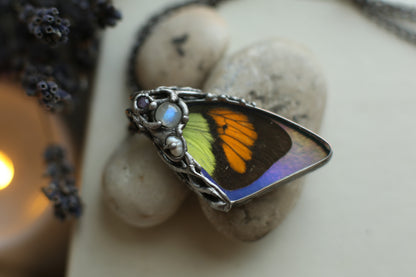 Butterfly wing necklace with moonstone, amethyst real pearl