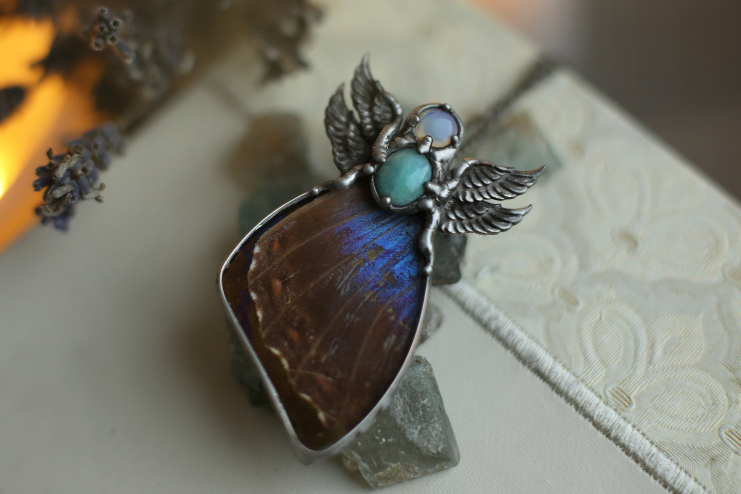 Blue morpho butterfly wing necklace