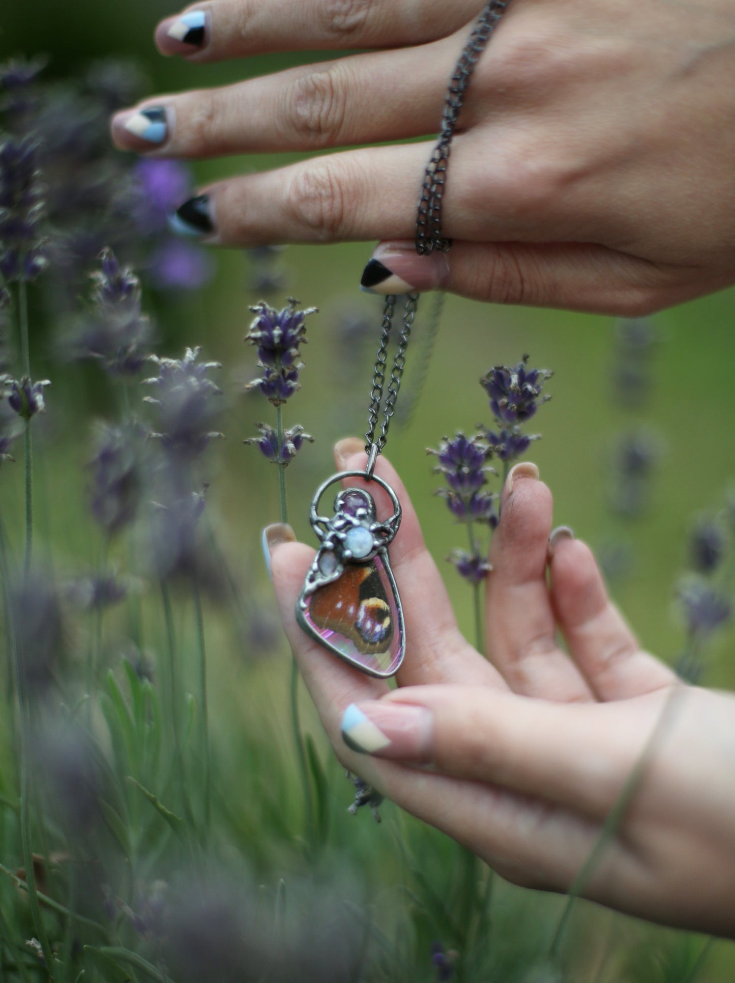 Butterfly wing necklace with moonstone and amethyst crystals