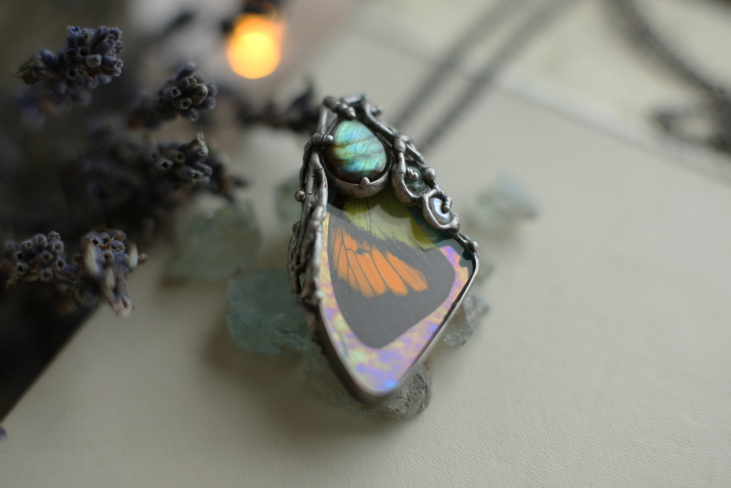 Necklace with real BUTTERFLY WING and gemstones