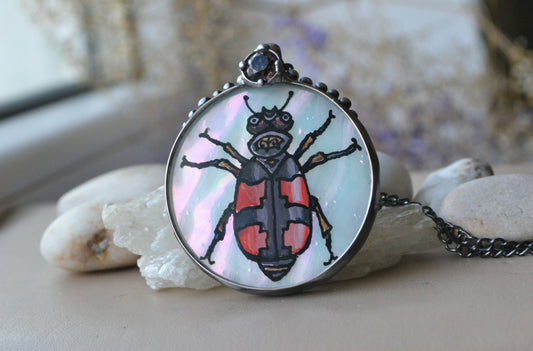 Hand painted glass pendant, Beetle necklace