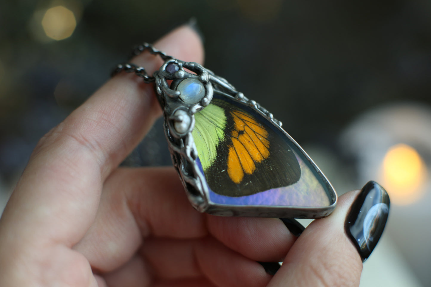 Butterfly wing necklace with moonstone, amethyst real pearl