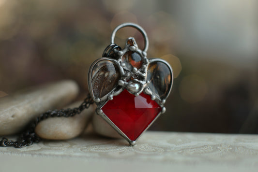 Red Glass choker necklace with moth wings