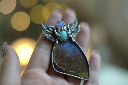 Blue morpho butterfly wing necklace