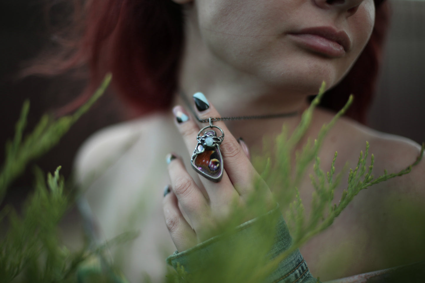 Butterfly wing necklace with moonstone and amethyst crystals