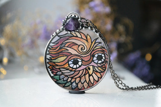 Stained glass bird necklace, Owl pendant