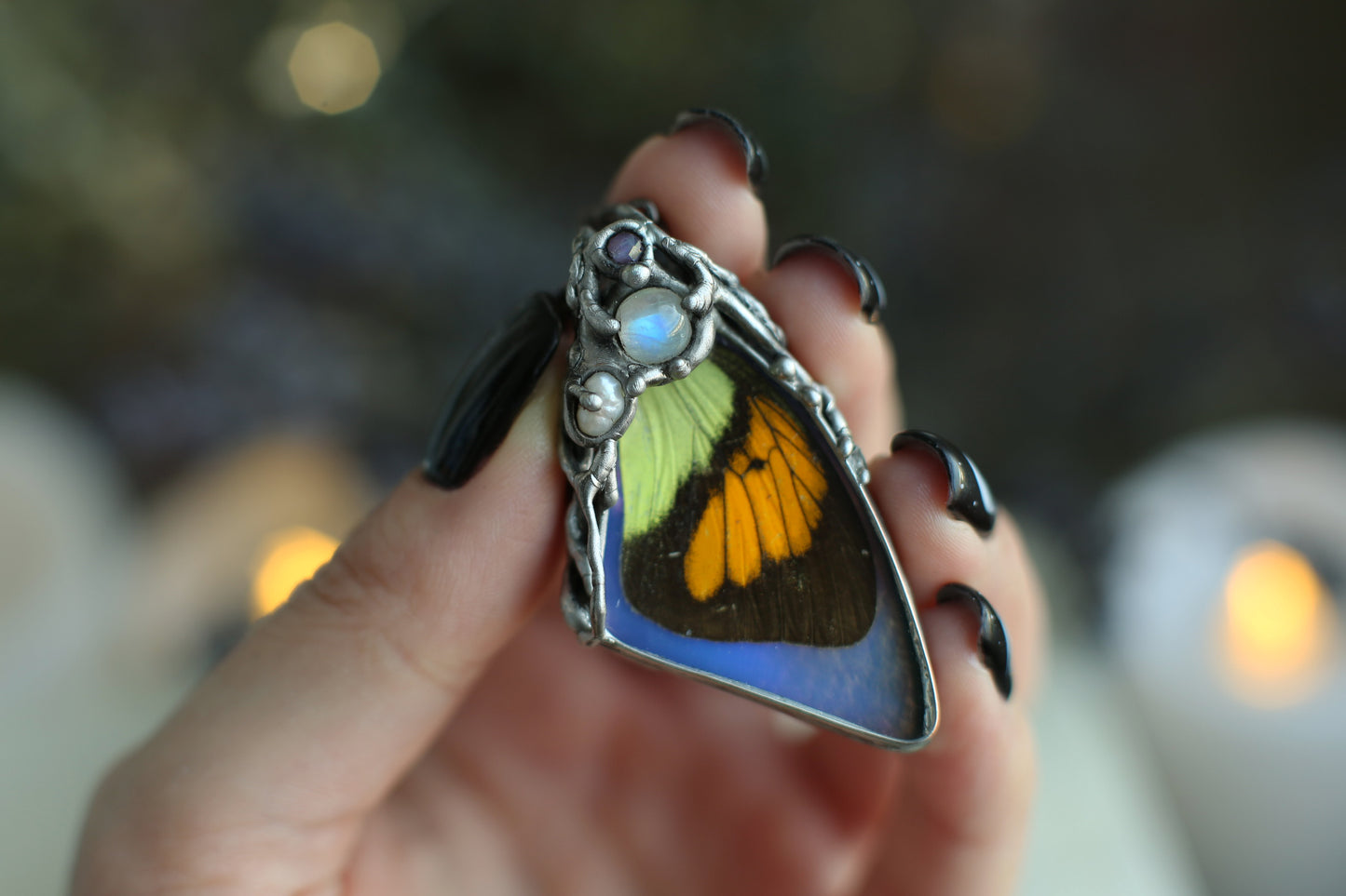 Butterfly wing necklace with moonstone, amethyst real pearl