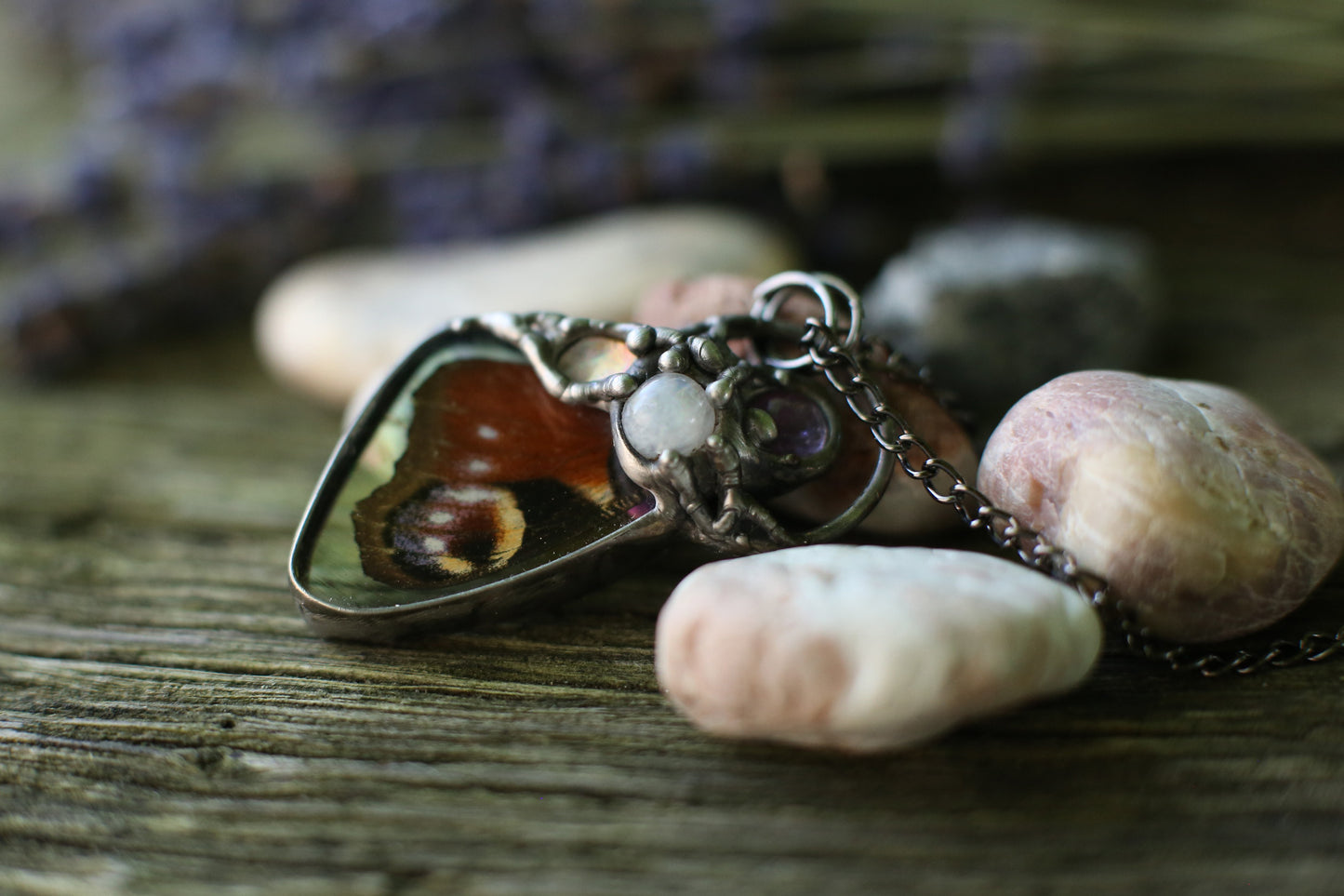 Butterfly wing necklace with moonstone and amethyst crystals