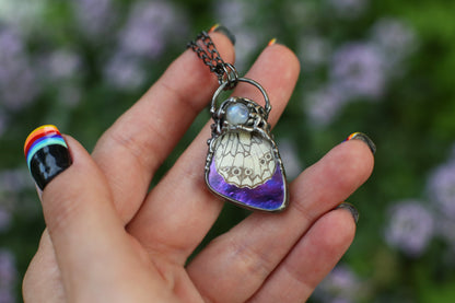 Real butterfly wing necklace with moonstone