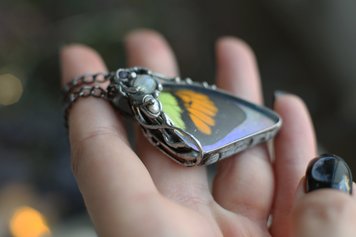 Butterfly wing necklace with moonstone, amethyst real pearl