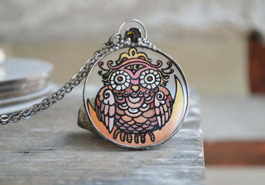 Lunar Owl Necklace, Stained glass necklace