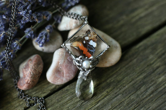 Glass prism necklace with admiral butterfly and pearl