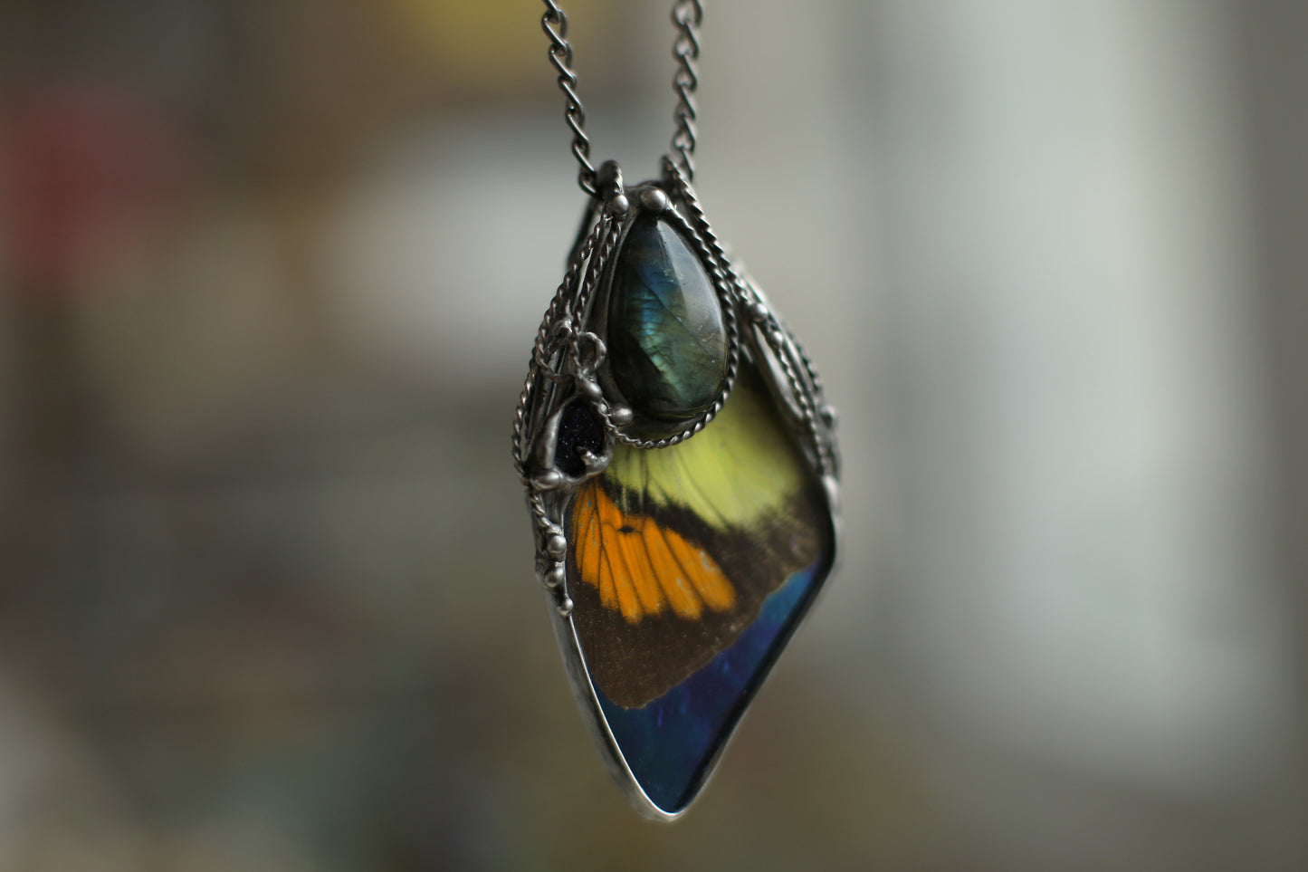 Preserved butterfly necklace with labradorite and sand stone