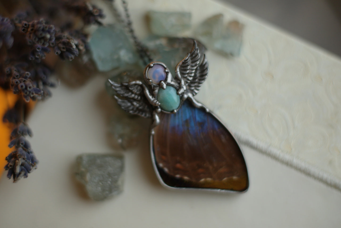 Blue morpho butterfly wing necklace