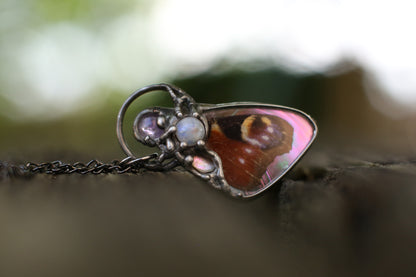 Butterfly wing necklace with moonstone and amethyst crystals