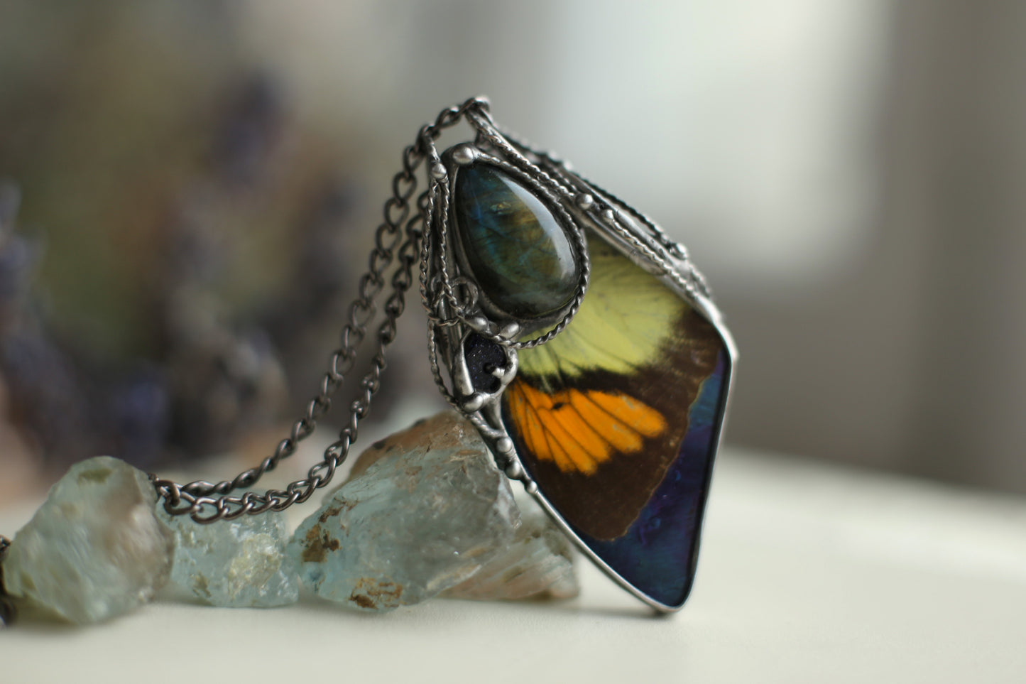 Preserved butterfly necklace with labradorite and sand stone