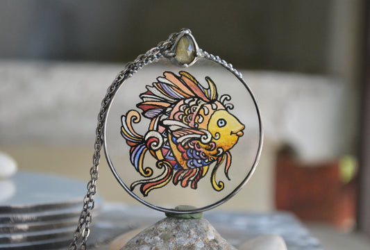 GoldFish necklace, Stained glass pendant