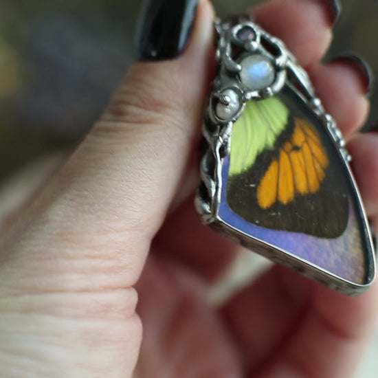 Butterfly wing necklace with moonstone, amethyst real pearl