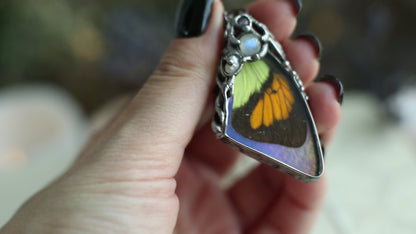 Butterfly wing necklace with moonstone, amethyst real pearl