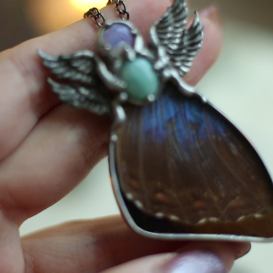 Blue morpho butterfly wing necklace