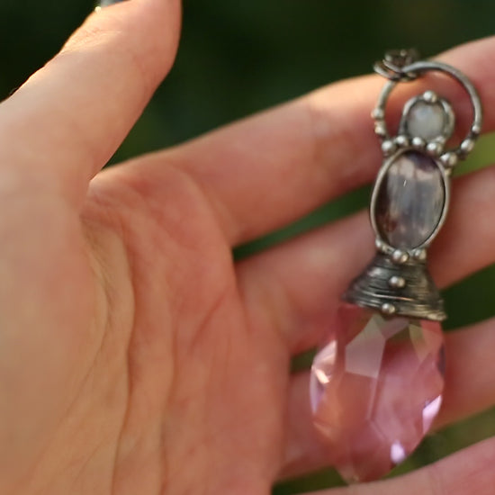 Pink crystal necklace with purple butterfly wing and moonstone