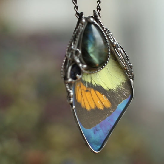 Preserved butterfly necklace with labradorite and sand stone