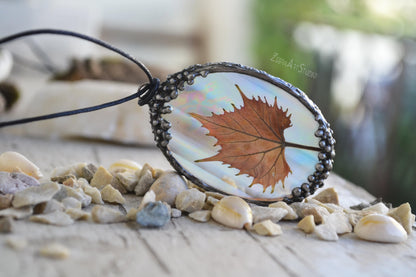 Iridescent glass pendant, Real leaf, Autumn leaf necklace