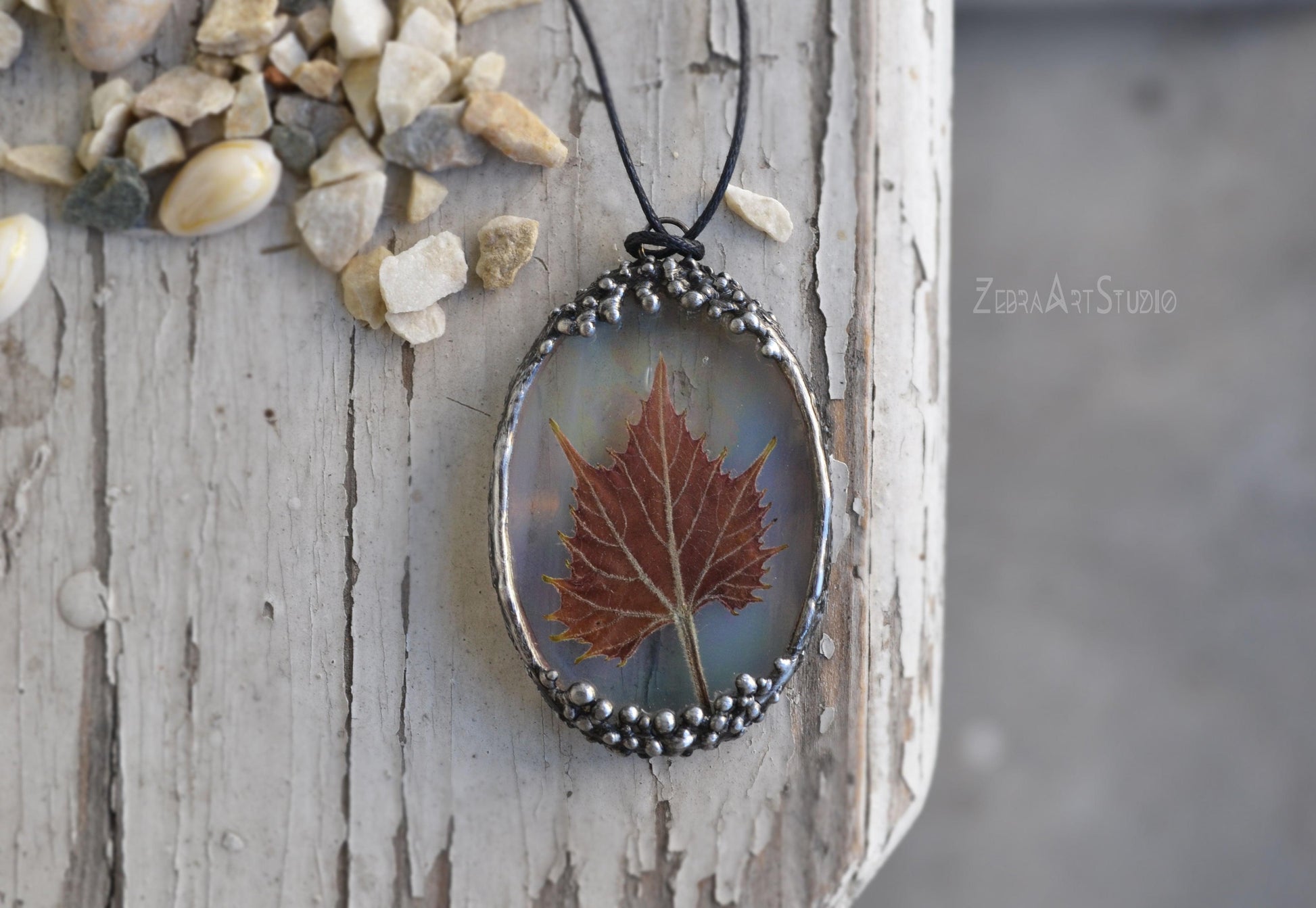 Iridescent glass pendant, Real leaf, Autumn leaf necklace