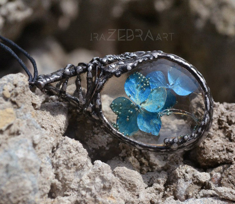 Real blue hydrangea flower necklace