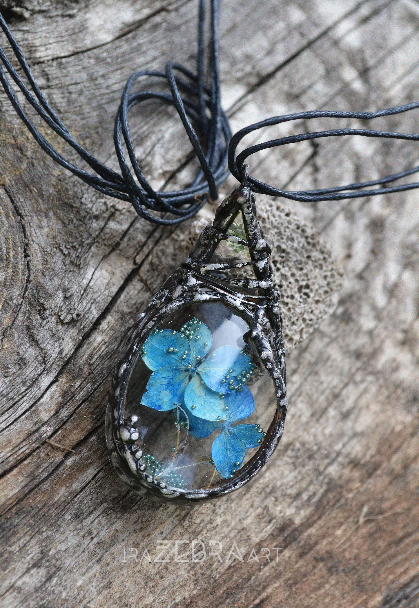 Real blue hydrangea flower necklace, Flower pendant