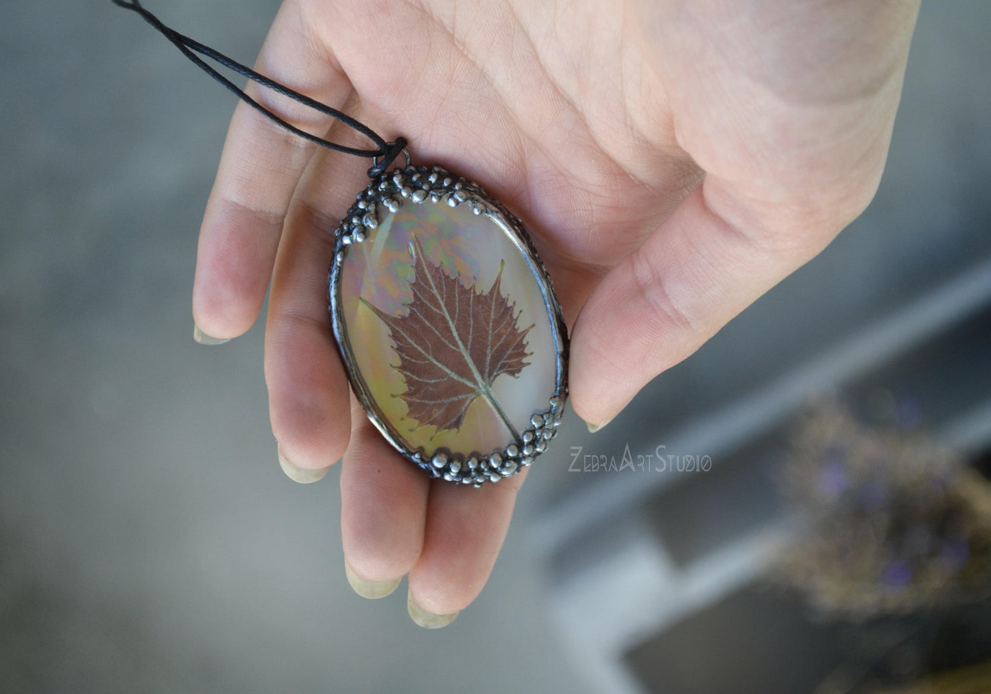 Iridescent glass pendant, Real leaf, Autumn leaf necklace