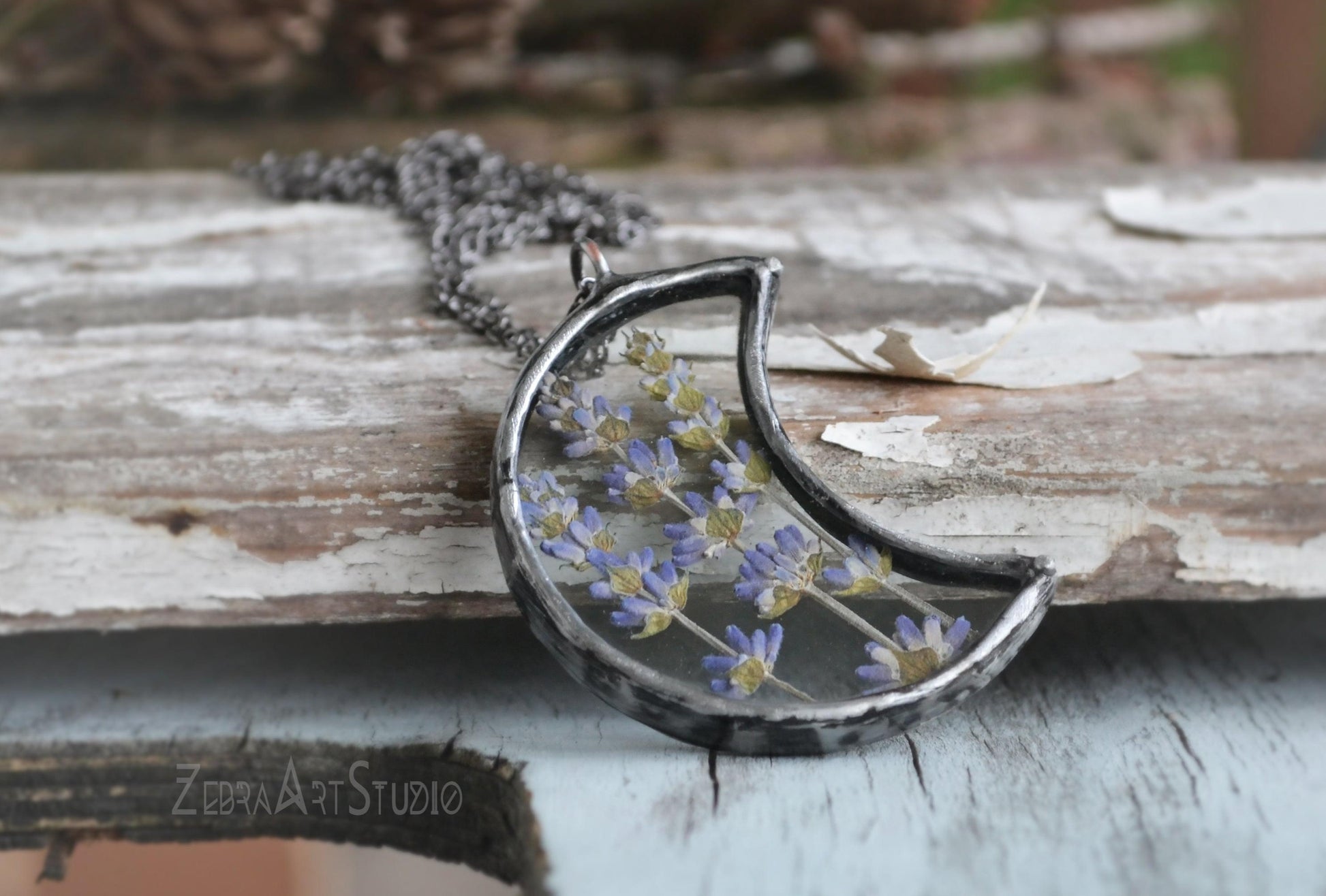 Lavender necklace, Large crescent moon pendant, Lavender half moon necklace