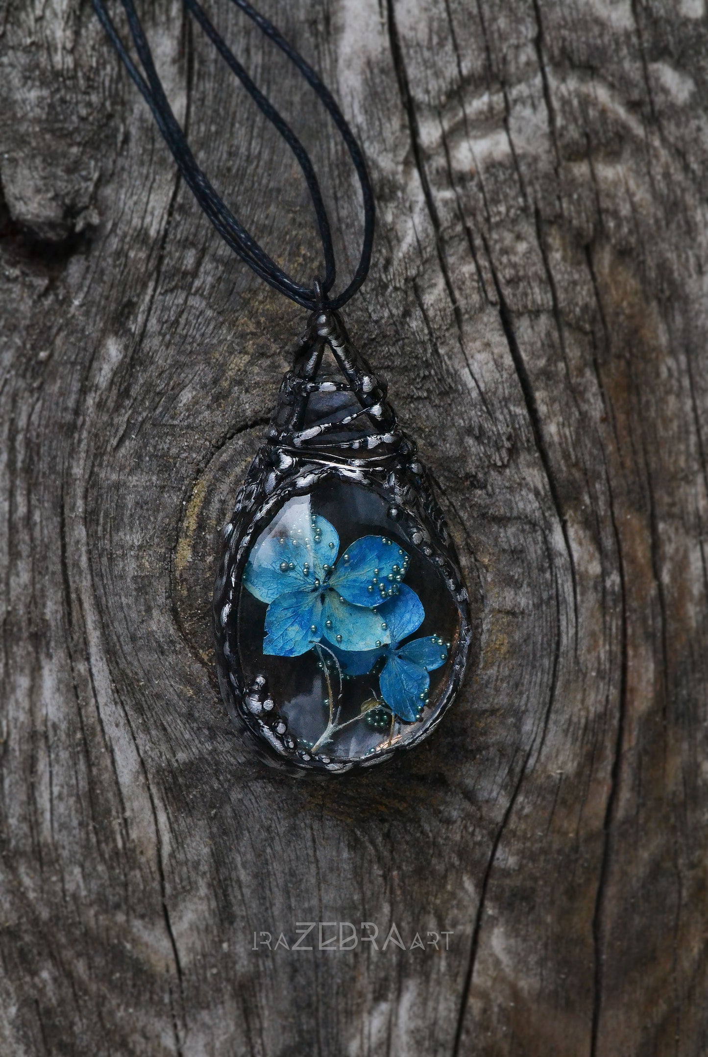 Real blue hydrangea flower necklace, Flower pendant