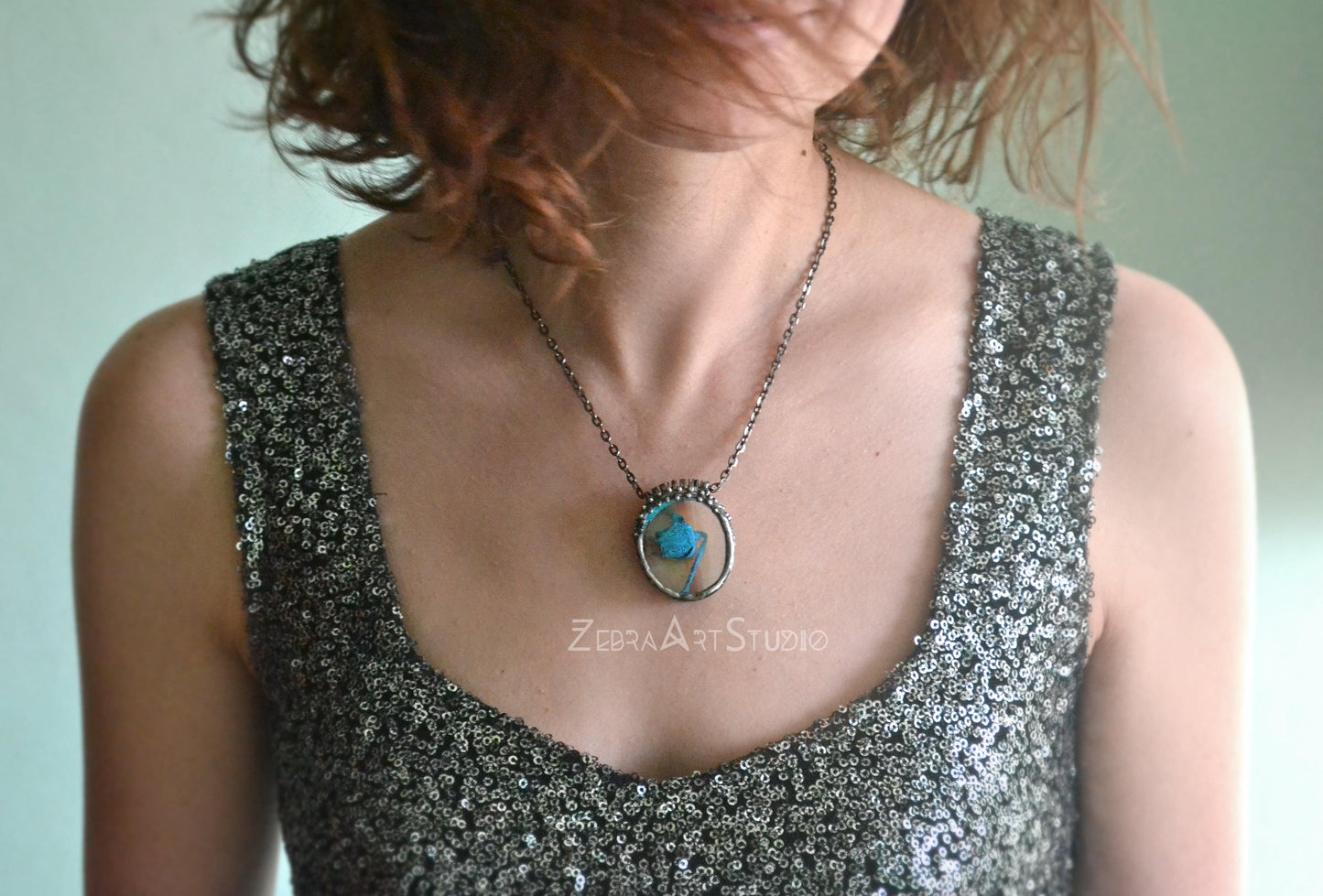 Blue rose necklace