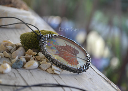 Iridescent glass pendant, Real leaf, Autumn leaf necklace