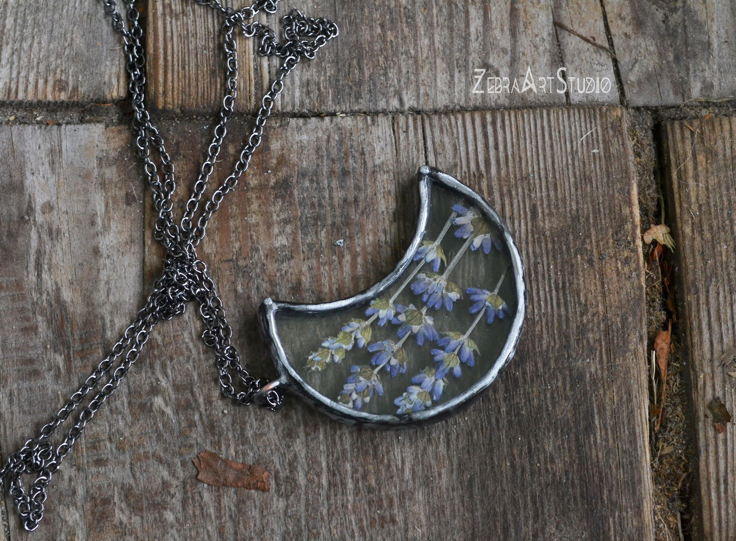 Lavender necklace, Large crescent moon pendant, Lavender half moon necklace