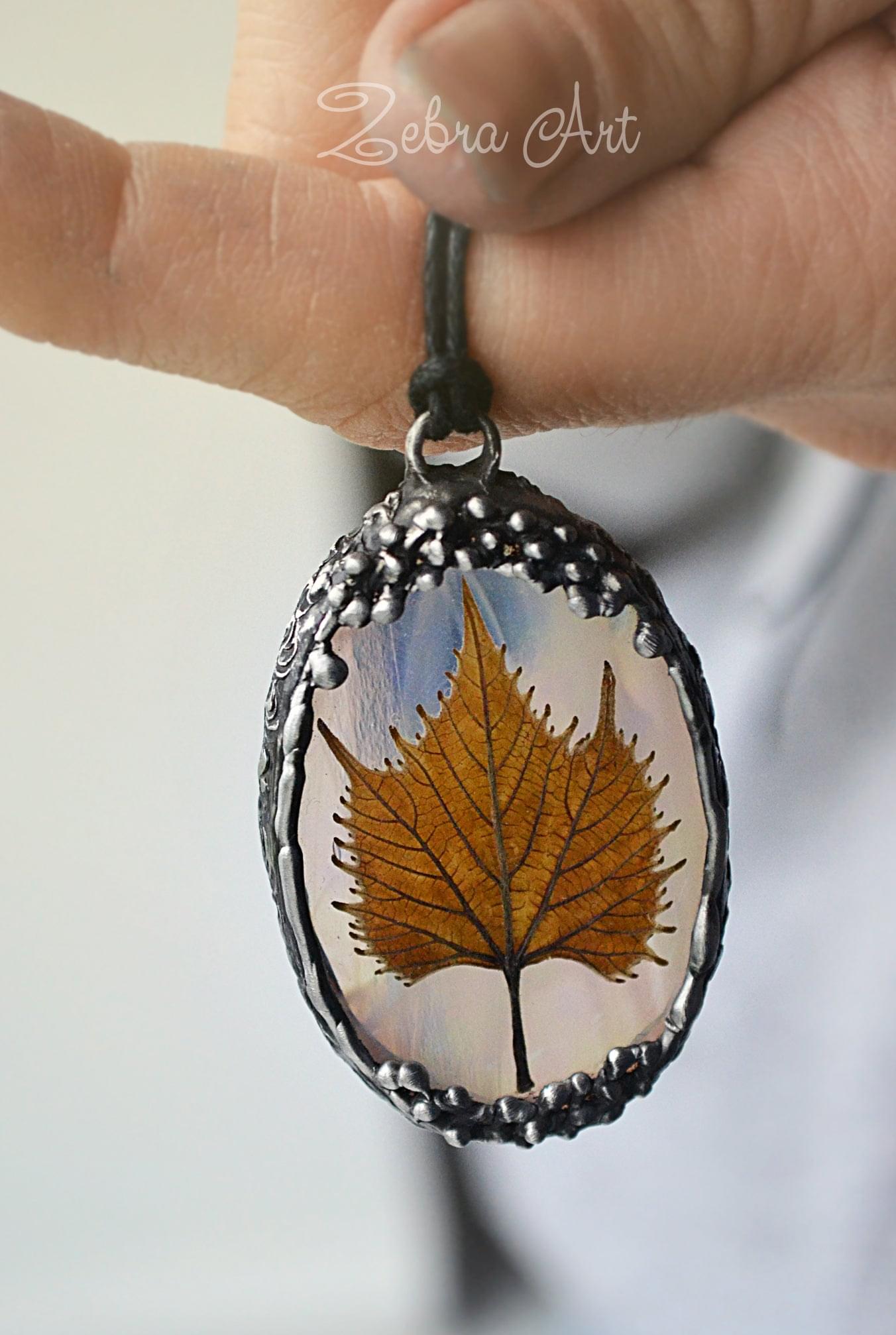 Iridescent glass pendant, Real leaf, Autumn leaf necklace