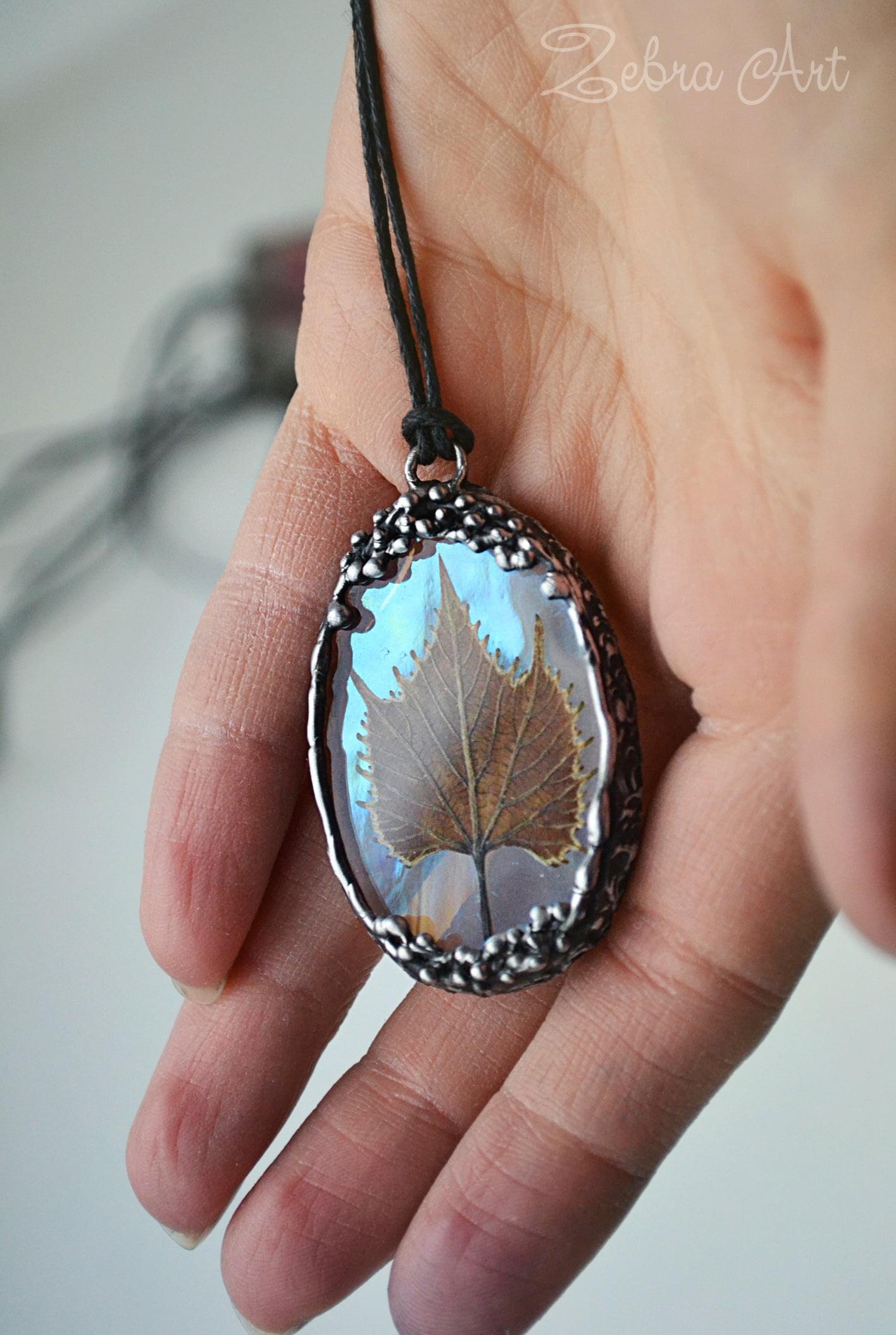 Iridescent glass pendant, Real leaf, Autumn leaf necklace