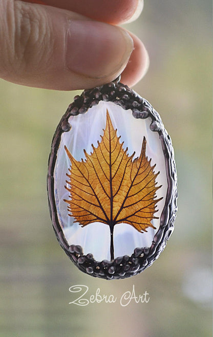 Iridescent glass pendant, Real leaf, Autumn leaf necklace